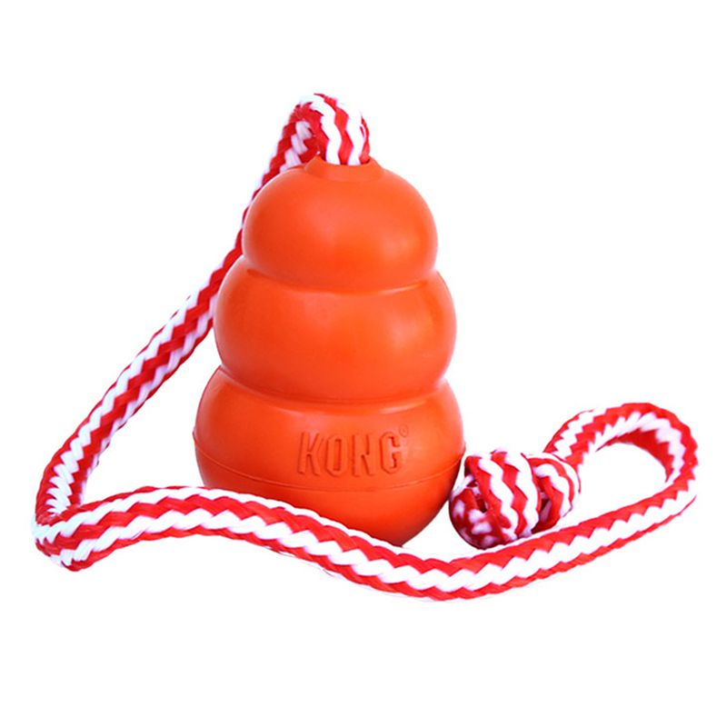 KONG toy made of orange rubber with red and white rope, suitable for interactive play.