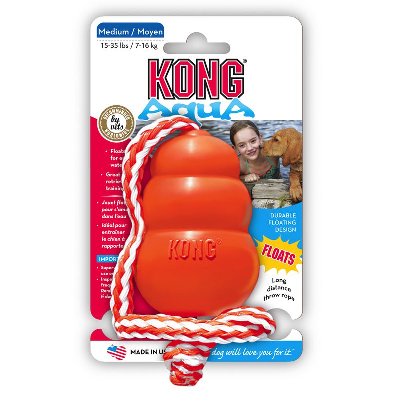 KONG Aqua Medium, floating dog toy with throw rope. Recommended by veterinarians. For dogs 7-16 kg. Made in USA.