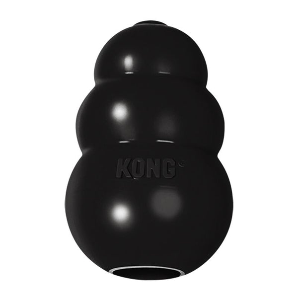 Black KONG toy with characteristic shape and logo, suitable for robust chewing.