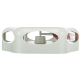 Toy with white plastic casing and integrated spring, visible through oval openings.