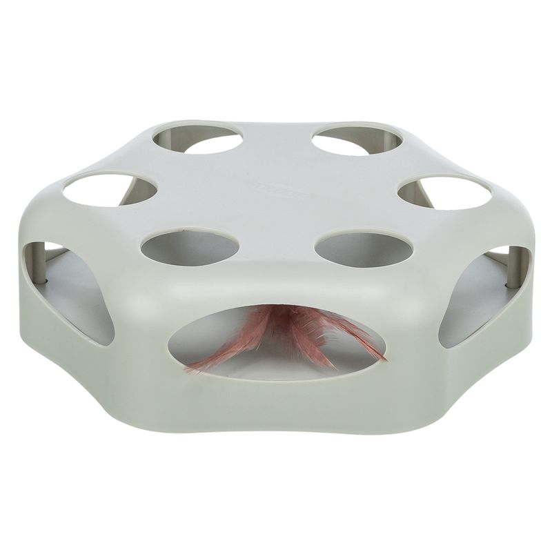 Toy for cats, grey plastic base with holes and pink feather inside.
