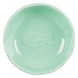 Green ceramic bowl with embossed fish motif, suitable for food or water.