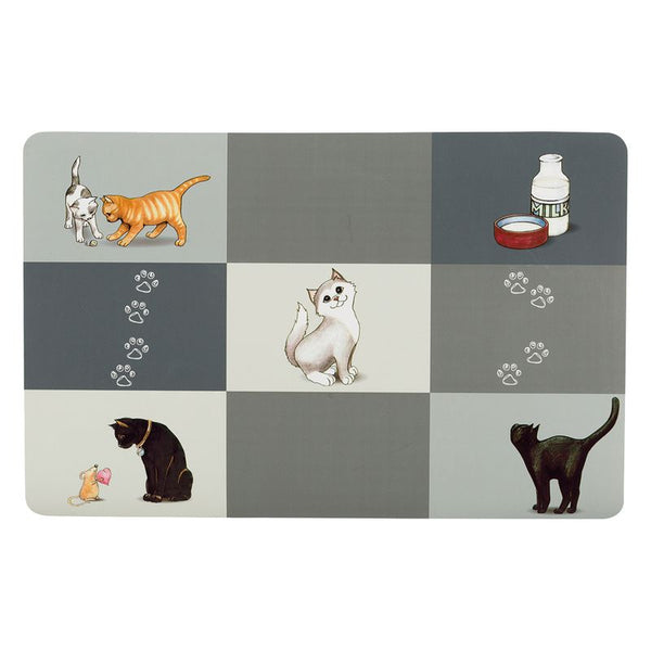 Illustrations of cats, paw prints, a milk bottle with bowl, and a mouse on a rectangular mat. Suitable as a feeding mat for pets.