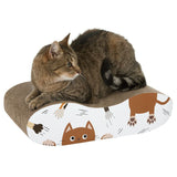 Brown cat lying on a cardboard scratch board with cat motifs. Product for activity and claw care for cats.