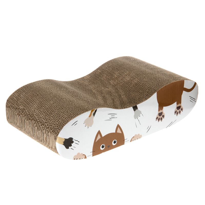 Corrugated cardboard scratching furniture with curved shape and cat motif on the side.