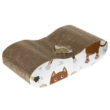 Corrugated cardboard scratching board with cat motif and included pouch, presumably with catnip.