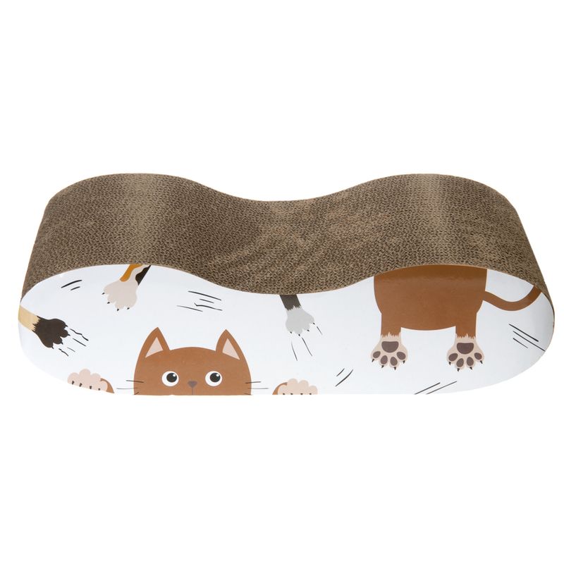 Corrugated cardboard scratching furniture with cat motif, brown surface and white sides with drawn cat paws and faces.