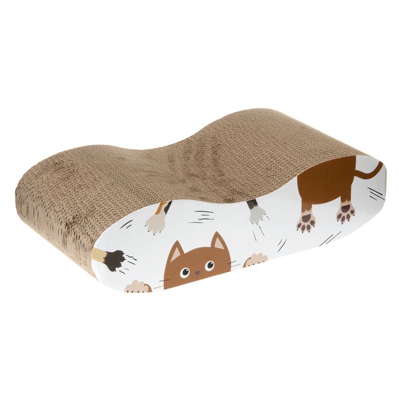 Corrugated cardboard scratching furniture with cat motif, curved shape for scratching and lying.