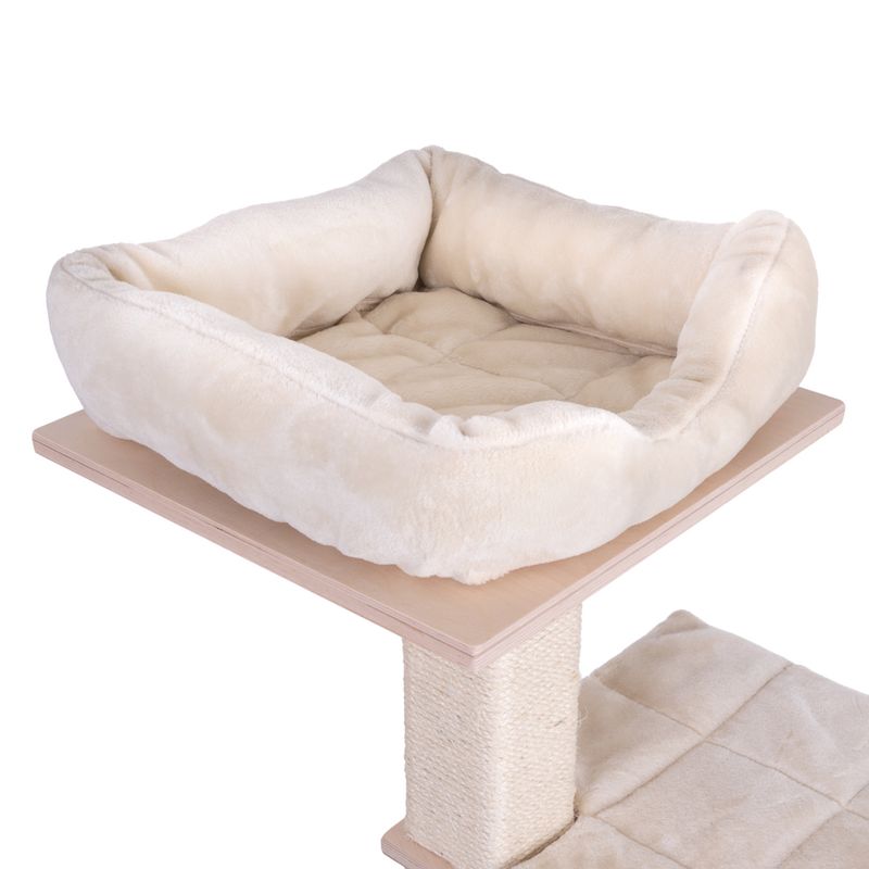 Cat tree with beige plush bed on a wooden platform and sisal-wrapped post, padded lying area underneath.