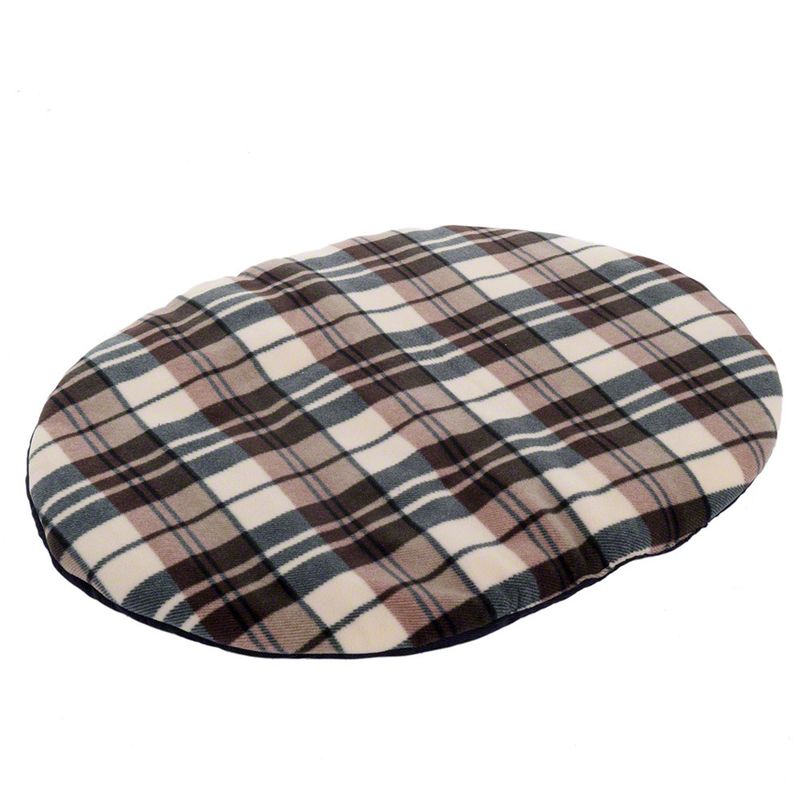 Oval pet cushion with brown, cream and grey tartan fleece cover, shown on a white background