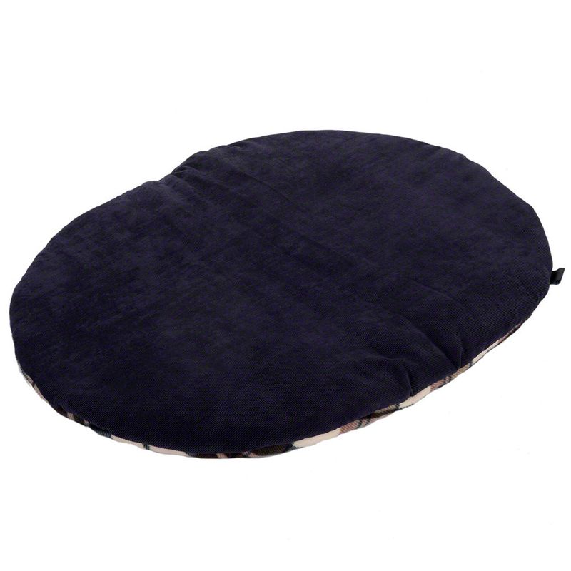 Oval, dark blue cushion with soft surface, suitable as a lying area.