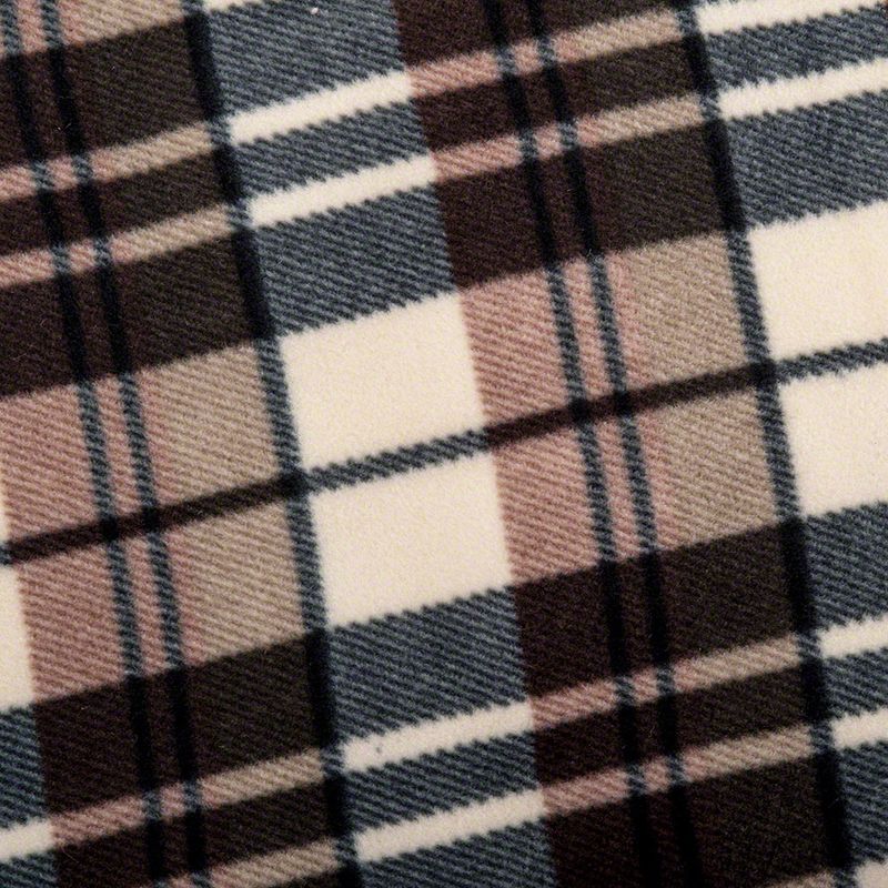 Close-up of a checked fabric pattern in brown, beige and grey tones.