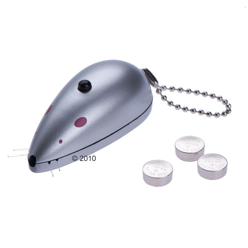 Silver toy mouse with chain and three button cell batteries. Visible details: red dots, black button on top, Copyright © 2010.