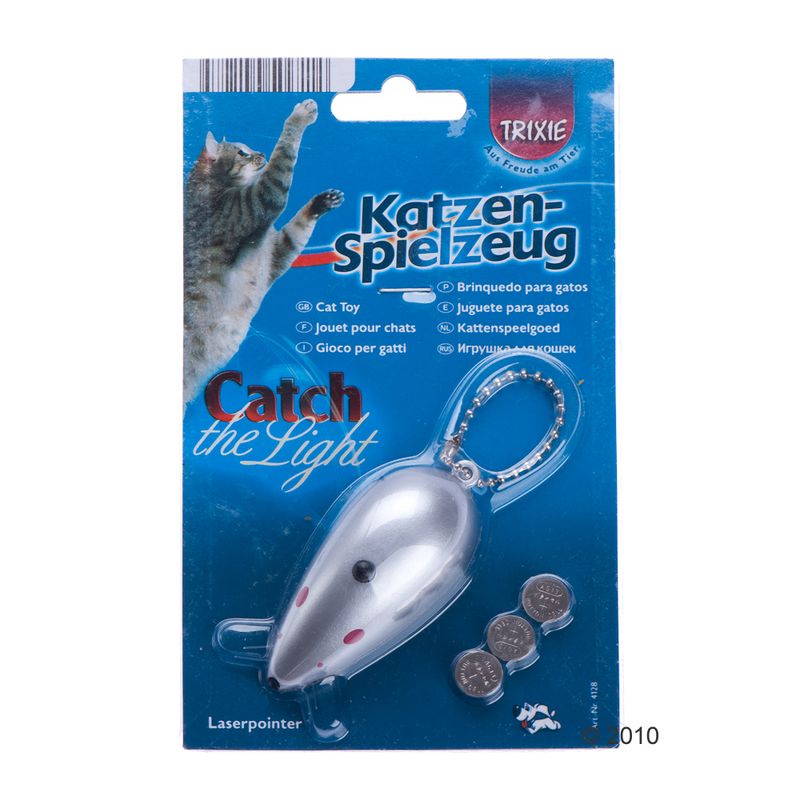 Trixie cat toy 'Catch the Light', mouse-shaped laser pointer, includes batteries. Packaging shows a cat and product description in several languages.