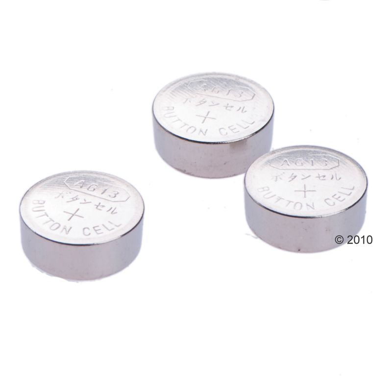 Three silver button cells labelled AG13 and Button Cell, suitable for electronic devices.