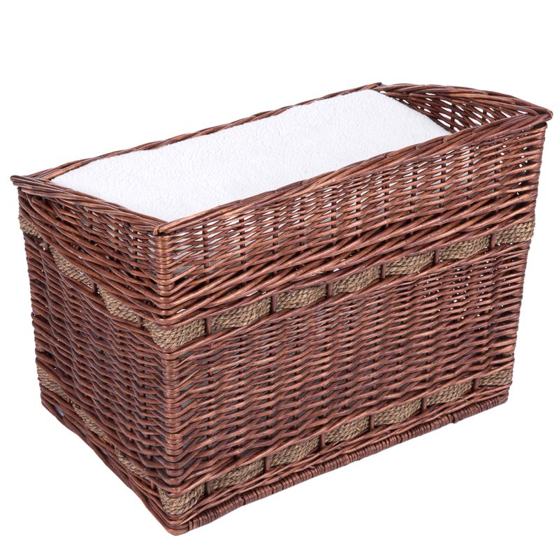 Braided basket made of brown wood with a white cushion on top, suitable for storage or as a lying surface.