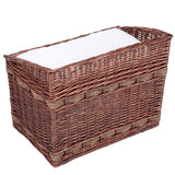 Braided basket made of brown wood with a white cushion on top, suitable for storage or as a lying surface.