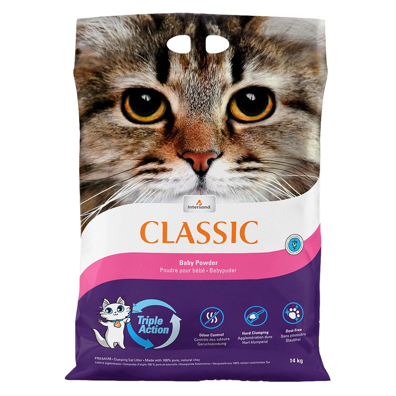 Intersand Classic cat litter with baby powder scent, Triple Action: odour control, hard clumping, dust-free. 14 kg pack.