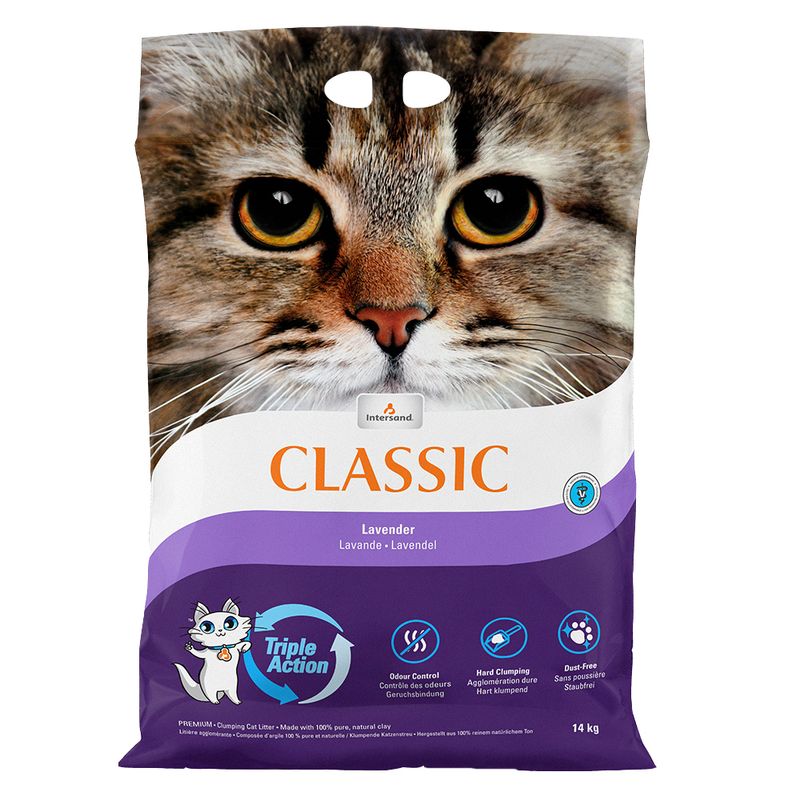 Intersand Classic cat litter, lavender scent, 14 kg. Triple Action: odour control, hard clumping, dust-free.