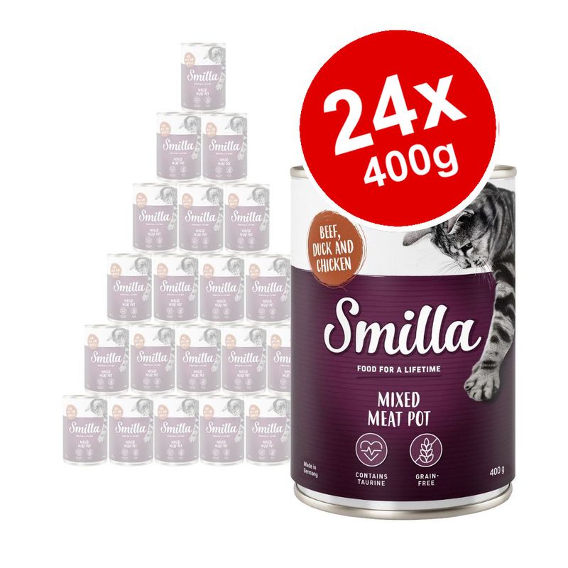 Smilla Mixed Meat Pot cat food, beef duck and chicken, 24 x 400g cans. Visible text: contains taurine, grain-free, made in Germany.