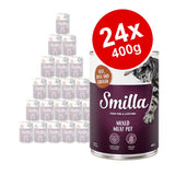 Smilla Mixed Meat Pot cat food, beef duck and chicken, 24 x 400g cans. Visible text: contains taurine, grain-free, made in Germany.