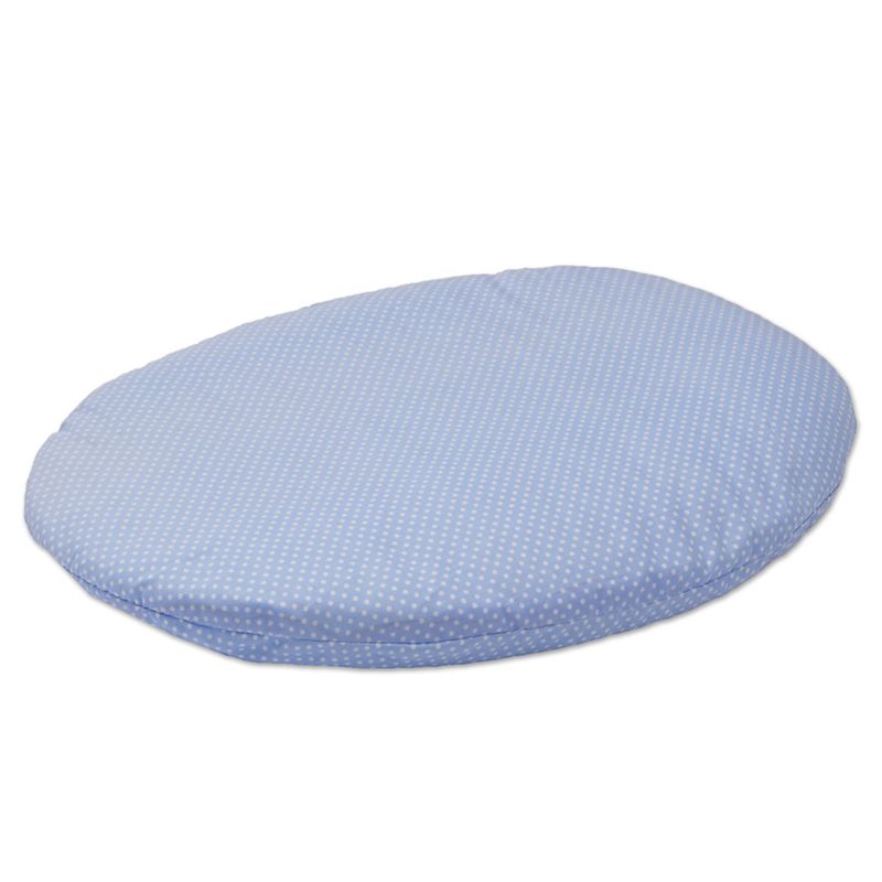 Round blue cushion with white dots. Suitable as accessory for pets or decoration.