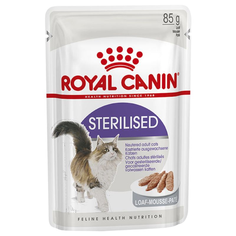 Sterilised loaf-mousse-paté for neutered adult cats, 85g pouch. Visible text includes 'Royal Canin', 'Feline Health Nutrition', and product details in multiple languages.