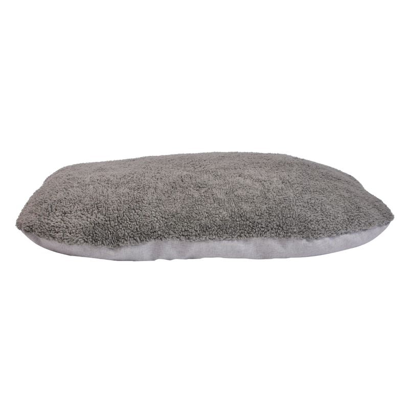 Grey, rectangular cushion with soft, fluffy surface and white underside.