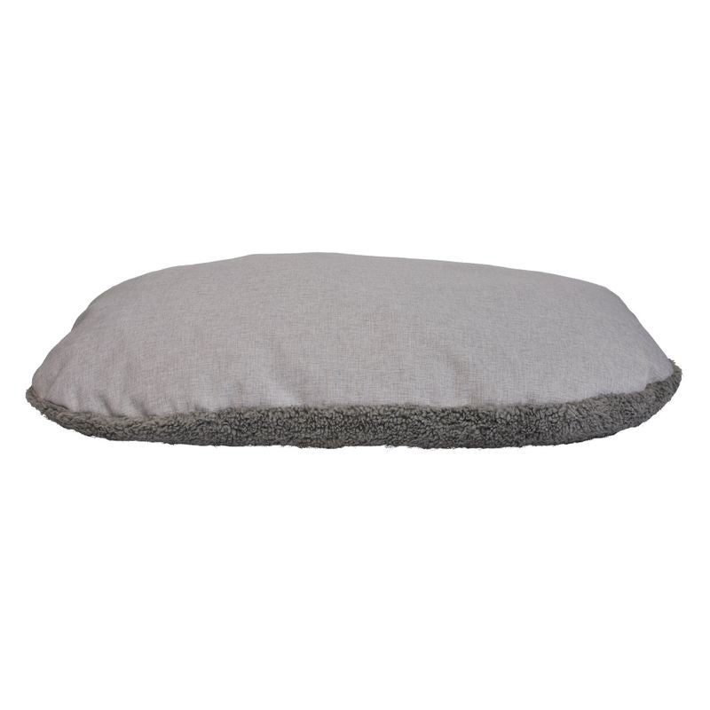 Grey, oval cushion with soft plush underside and smooth top. Suitable as a lying surface or padding.