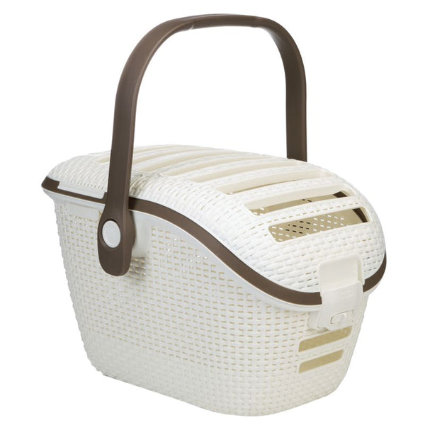 White transport box with brown handle and ventilation slots, made of plastic with basket look. Front closure visible.