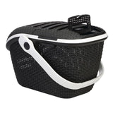 Black transport basket with white handle and ventilation slots, made of plastic mesh. Folding lid with lock.