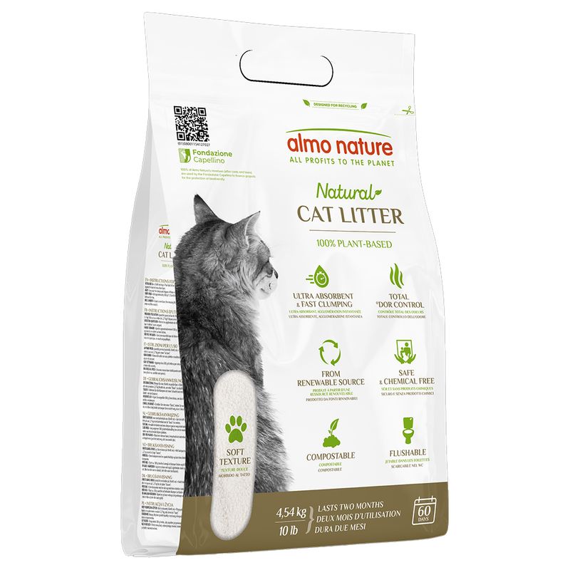 almo nature Natural Cat Litter, 100% plant-based, ultra absorbent, odour control, renewable source, compostable, chemical-free, flushable. Contents: 4.54 kg, lasts 60 days.