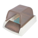 Covered automatic litter box with a transparent brown hood, sliding tray, and blue absorbent crystals visible inside.