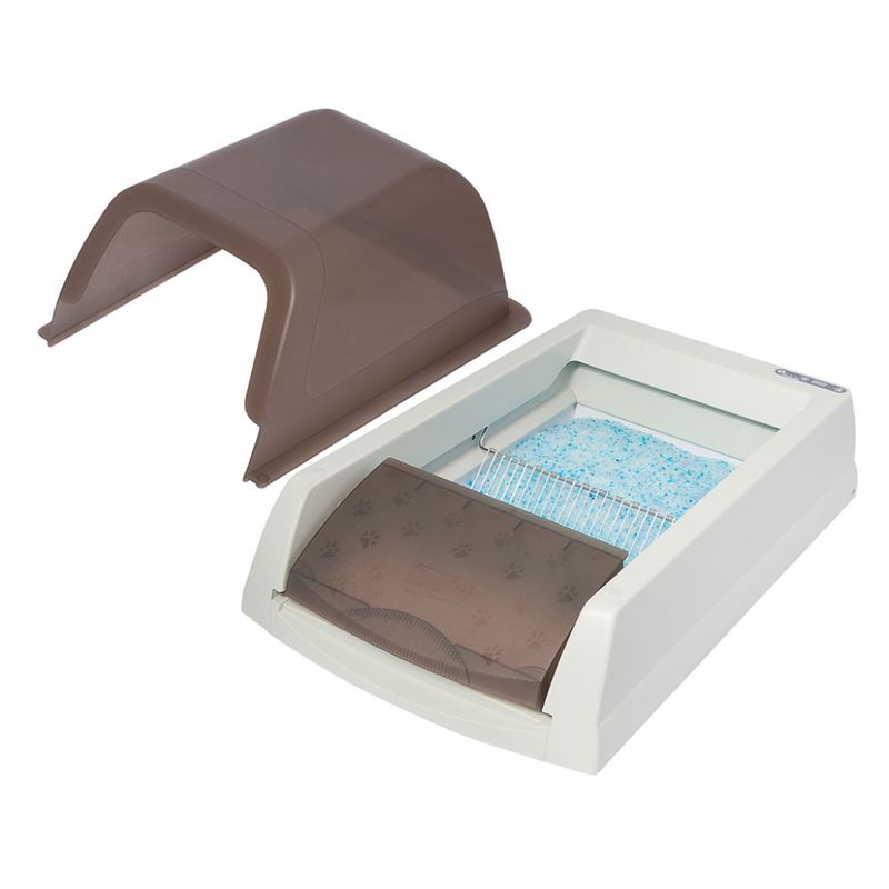Automatic litter tray with removable brown hood and blue absorbent pad, showing waste compartment and entry flap.