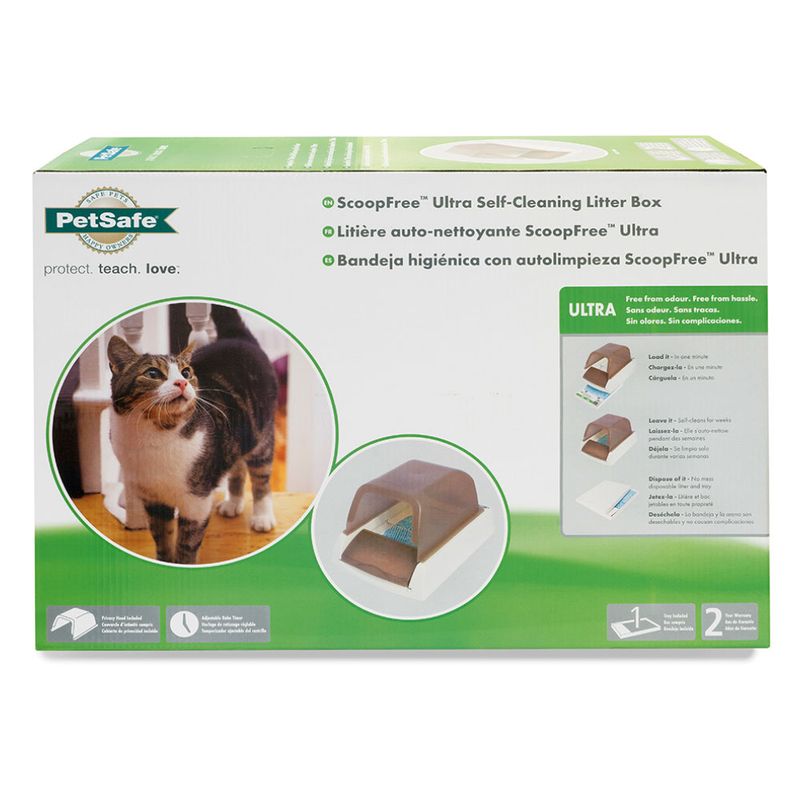 ScoopFree Ultra Self-Cleaning Litter Box packaging showing product features, usage steps, and a pet next to the litter box. Key points: odour control, easy cleaning, disposable tray.