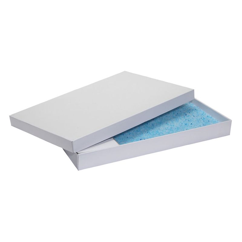 Rectangular white box with lid partially open, showing a blue speckled pad or insert inside. No branding or text visible.