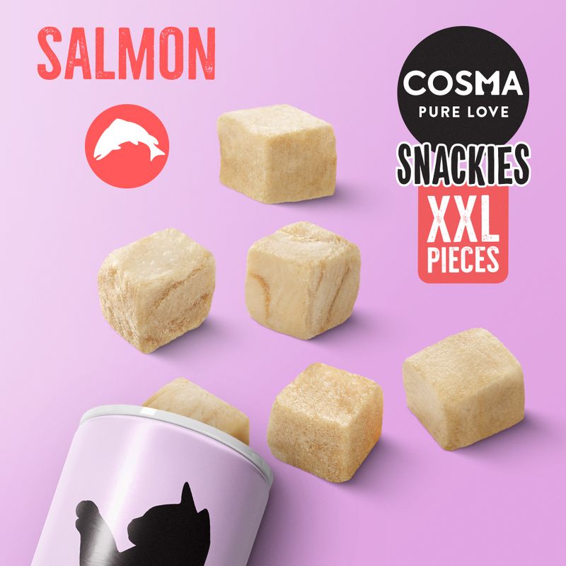Cosma Pure Love Snackies XXL Pieces, salmon flavour, showing large freeze-dried cubes and product container on a purple background.