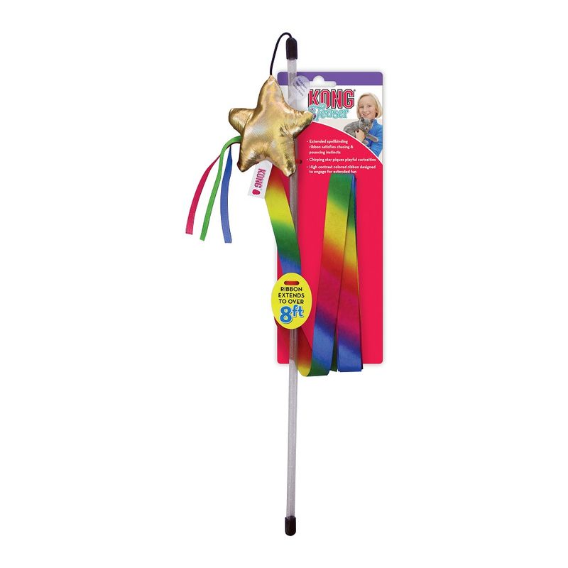 KONG Cat Wand with gold-coloured star and colourful ribbons. Note: ribbon length over 8 feet. Packaging shows product details.