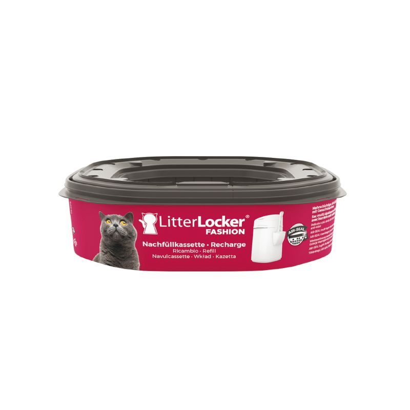 LitterLocker Fashion refill cassette, Air-Seal technology, multilingual labels: Recharge, Ricambio, Navulcassette, Wikład, Kazetta. Image of a cat and a container visible.