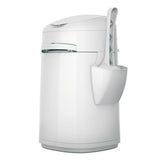 White container with integrated handle and scoop holder, suitable for storing pet litter or waste.