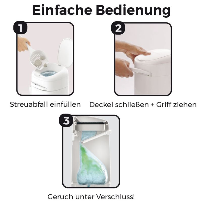 Instructions for easy use: 1. Fill in litter waste, 2. Close lid and pull handle, 3. Keep odour sealed.