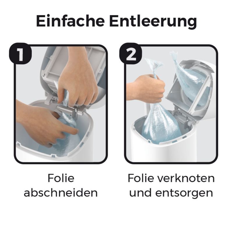 Instructions for easy emptying: Step 1 - Cut off the film. Step 2 - Tie the film and dispose of it.