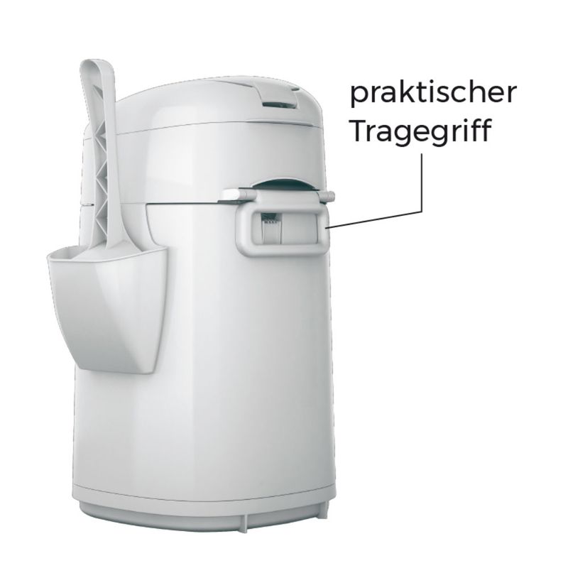 White container with practical carrying handle and integrated scoop holder, suitable for easy handling.