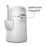 White container with practical carrying handle and integrated scoop holder, suitable for easy handling.