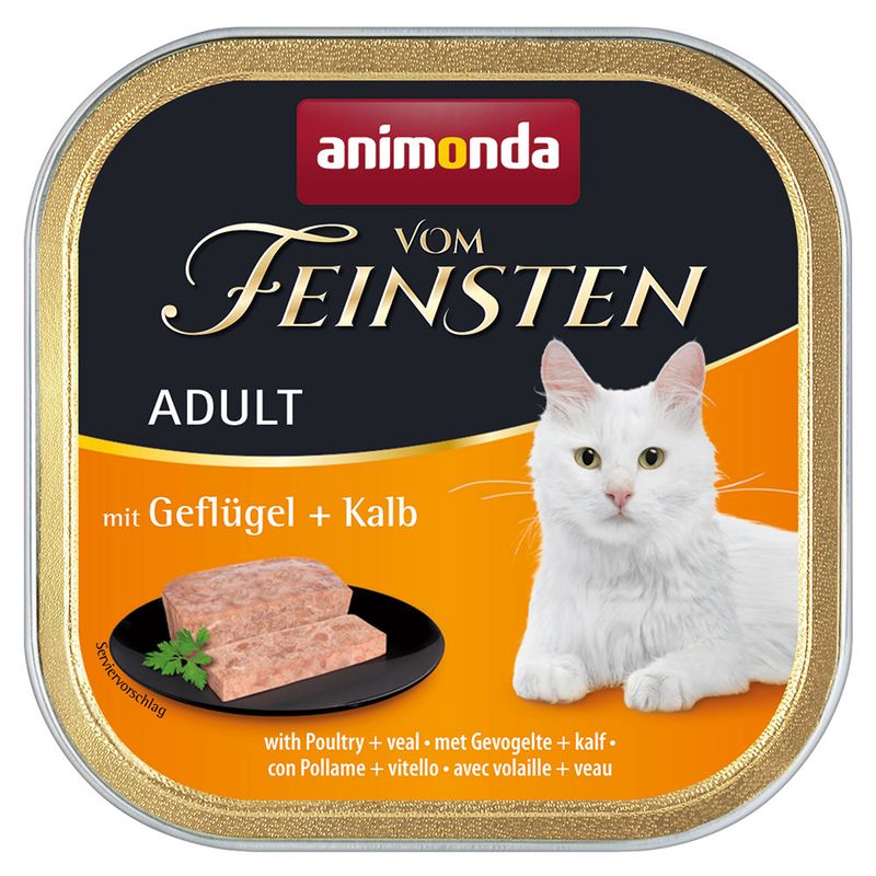 Animonda Vom Feinsten Adult cat food with poultry and veal, serving suggestion with meat pieces on a black plate.