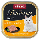 Animonda Vom Feinsten Adult with poultry and noodles. Serving suggestion: meat piece on black plate, white cat shown.