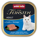 Animonda Vom Feinsten Adult cat food with salmon and shrimps, image of the food and a white cat.