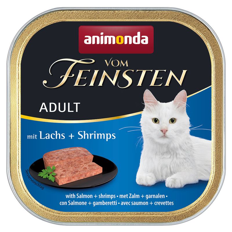 Animonda Vom Feinsten Adult cat food with salmon and shrimps, image of the food and a white cat.