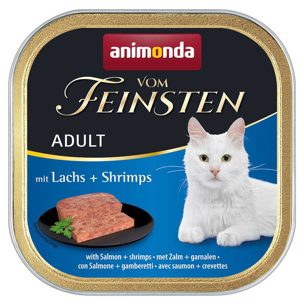Animonda Vom Feinsten Adult cat food with salmon and shrimps, image of the food and a white cat.