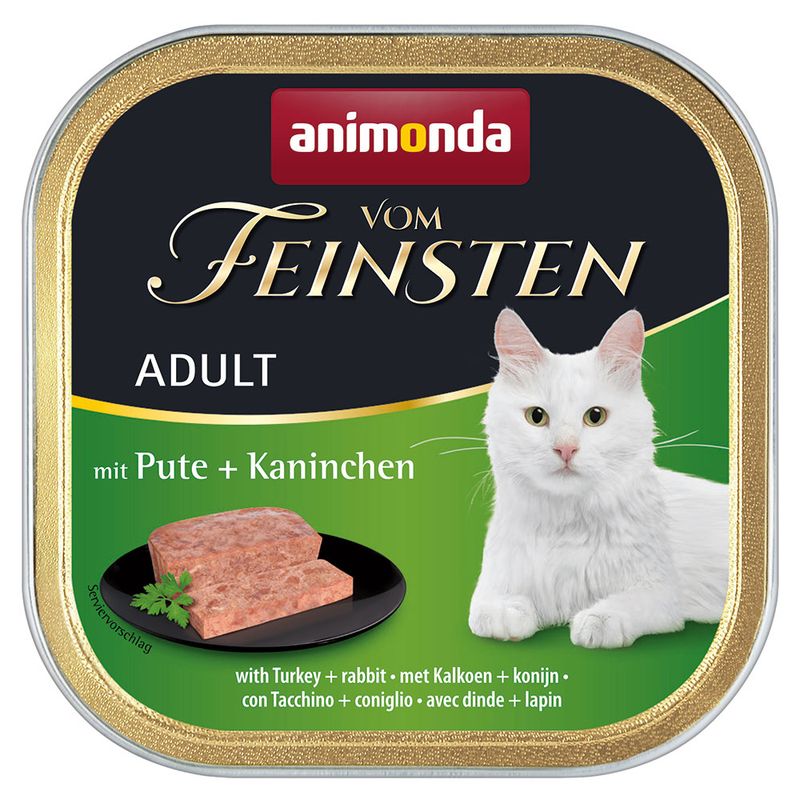 Animonda Vom Feinsten Adult with turkey and rabbit, wet food for cats, serving suggestion shown.